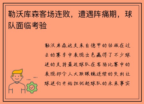 勒沃库森客场连败，遭遇阵痛期，球队面临考验