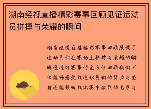 湖南经视直播精彩赛事回顾见证运动员拼搏与荣耀的瞬间